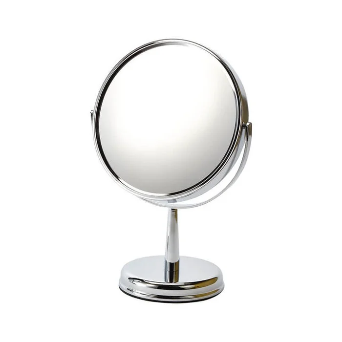 ESPEJO CROMADO C/PIE + BASE 10X DIAMETRO 15 CM.