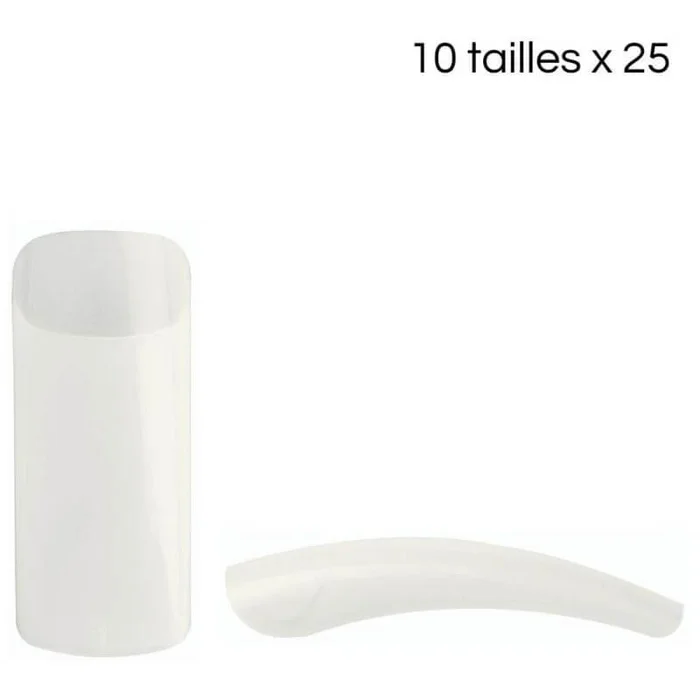 Caja de 250 puntas naturales cuadradas con tira larga 10 tamaños X 25 piezas