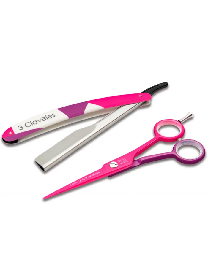 3 Claveles Kit Tijera de Corte 5.5″ Fucsia + Navaja Gratis